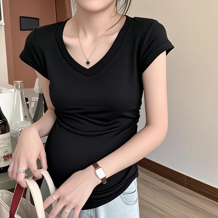 孕妇装V领正肩短袖t恤女新款设计感宽松显瘦休闲小众修身夏天上衣
