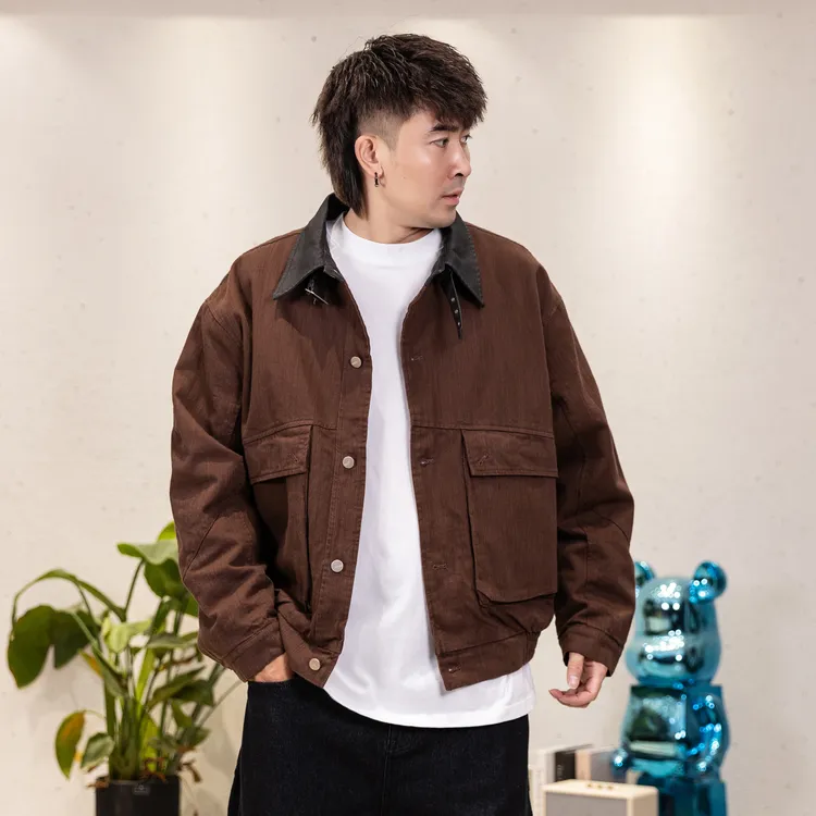 美式复古巴恩风立体大口袋工装外套男重磅水洗做旧拼接翻领夹克潮