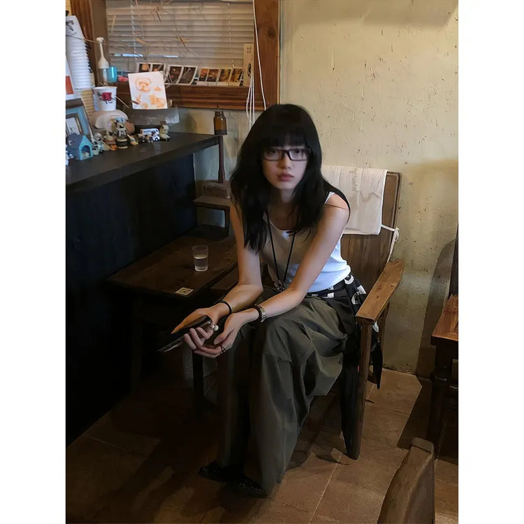 吊带小背心无袖内搭辣妹运动上衣外穿休闲裤子高腰慵懒风阔腿长裤