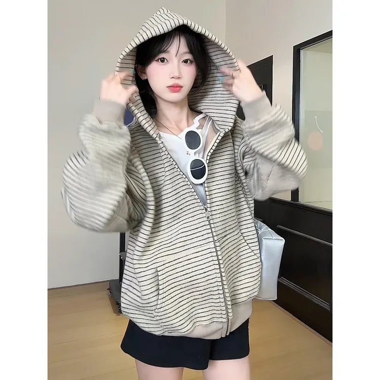 韩系条纹拉链开衫外套女2025新款秋季设计感小众宽松慵懒风卫衣