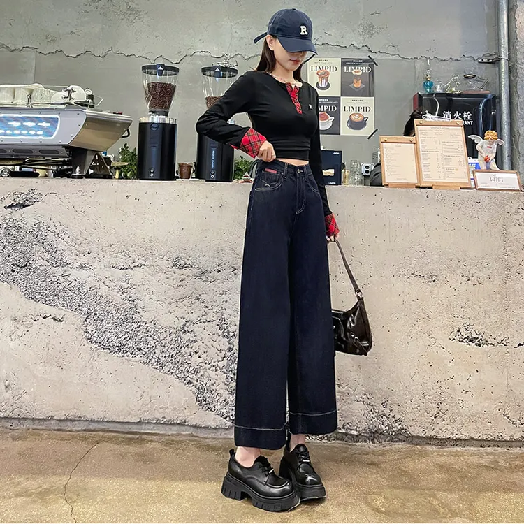 深蓝直筒牛仔裤女春秋冬季2025年新款小个子高腰宽松百搭加绒裤子