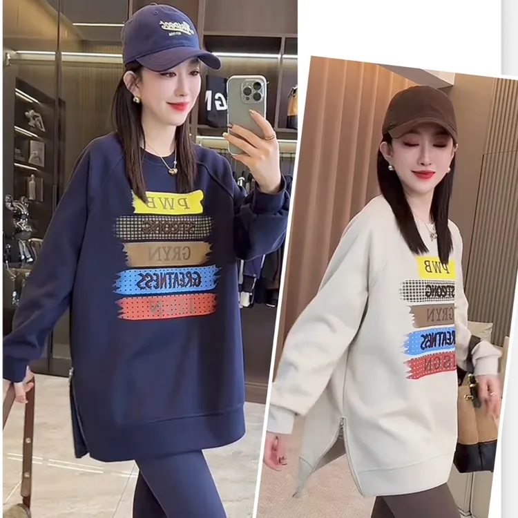 小众中长款卫衣字母印花设计净版上衣洋气裙长袖圆领百搭女士上衣