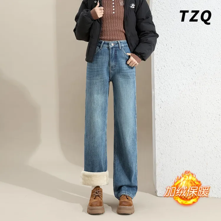 小个子复古加绒九分直筒牛仔裤女爆款2025新款秋冬季窄版阔腿裤子