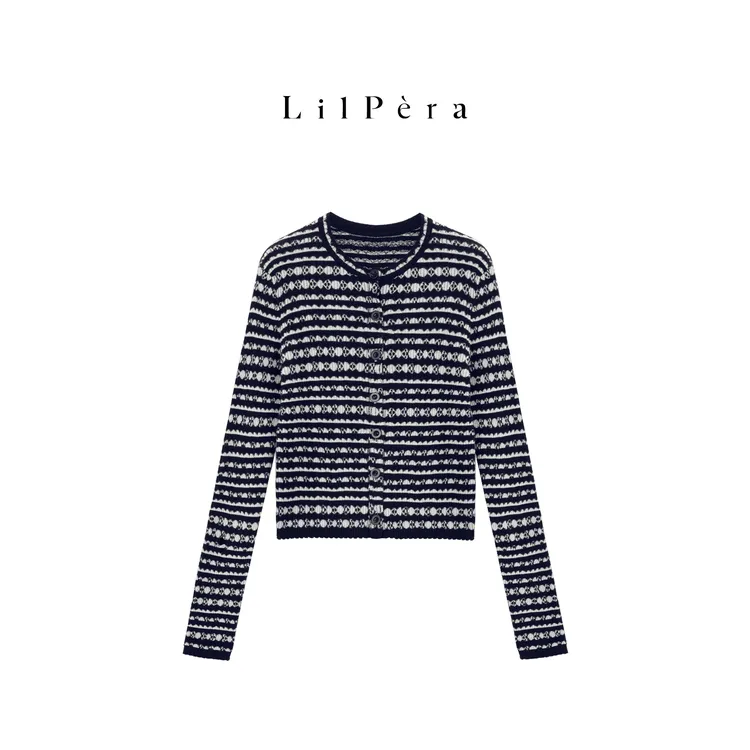 Lilpera胖梨定制 “lv满印开衫”秋款时尚条纹黑白提花针织开衫B86