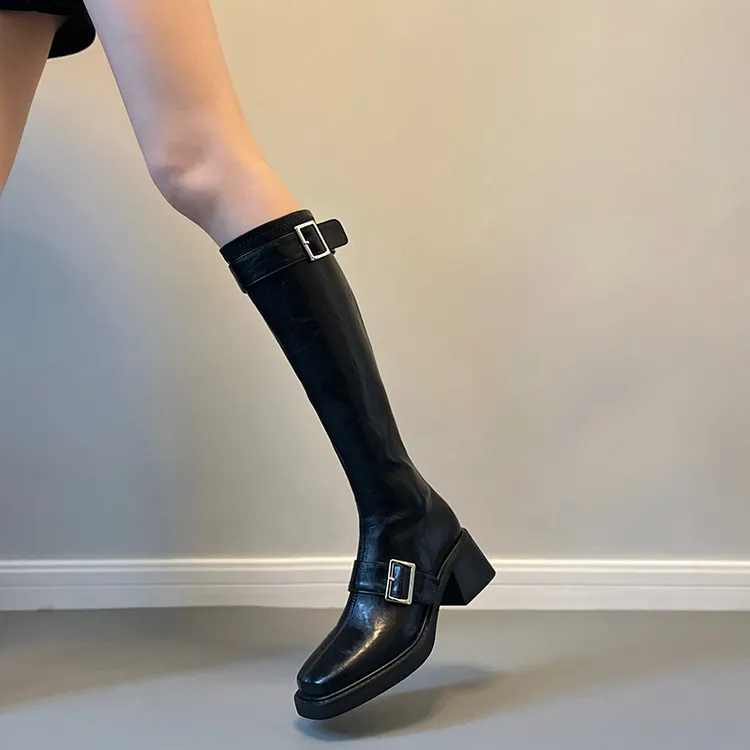 羊皮版~辣妹金属扣厚底不过膝长靴粗跟长筒靴女高筒瘦瘦靴骑士靴