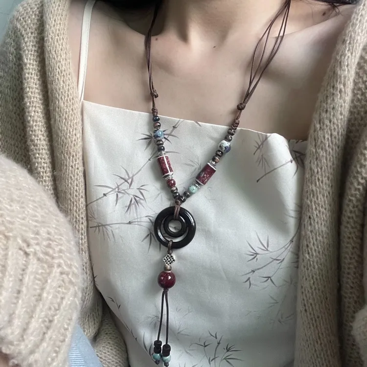 铜陶瓷项链 中式项链文艺民族风贵妃蝶景德镇陶瓷毛衣链秋季穿搭