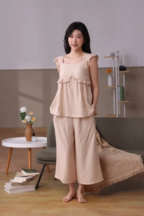 月光丝睡衣女士三件套带胸垫2025年夏季薄款小清新纯色透气