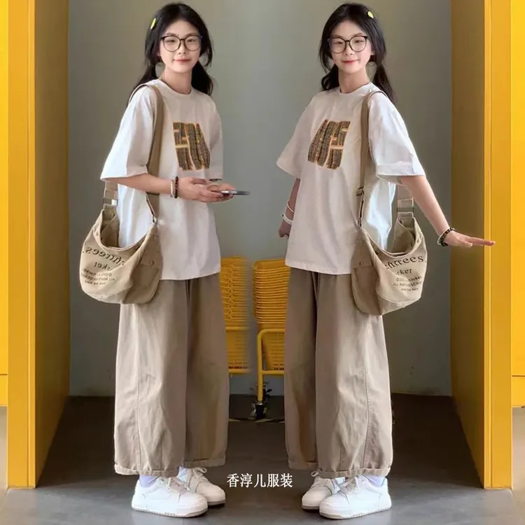 夏日穿搭学院风休闲套装夏天12-15-18岁短袖T恤阔腿裤洋气一整套