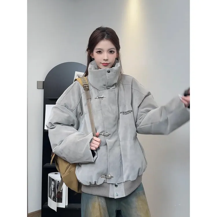 美式灰色扎染pu皮棉服外套男女冬季加厚短款面包服立领飞机扣棉衣