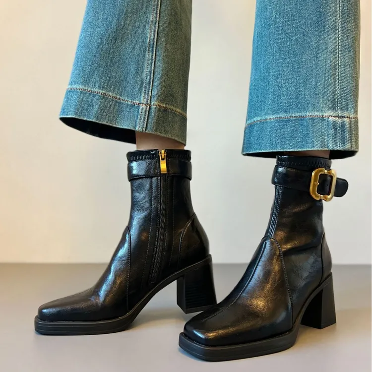 静音底短靴通勤高跟弹力瘦瘦靴2025秋冬软底复古粗跟方头马丁靴子