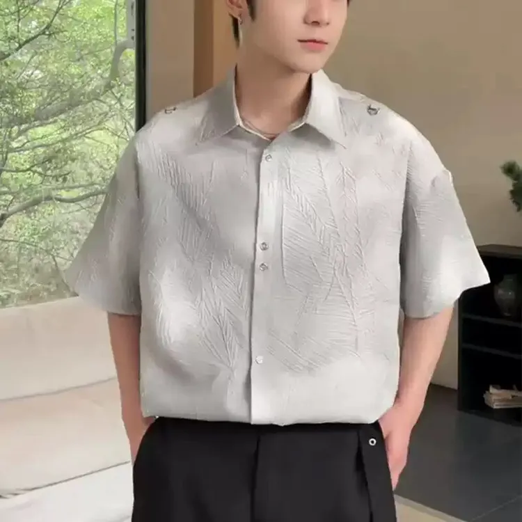 韩系高级感轻熟风半袖衬衫夏季压褶肌理设计感宽松休闲翻领衫衣男