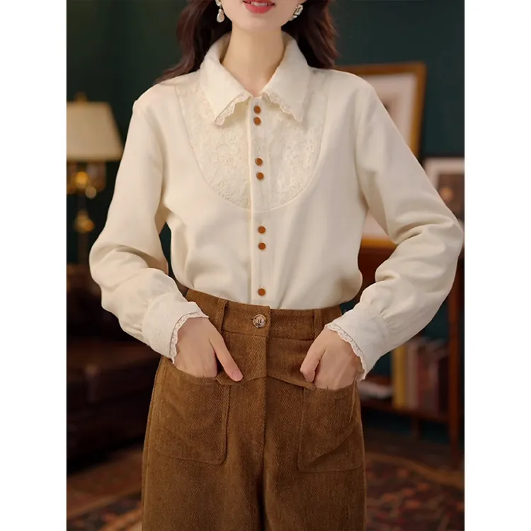 设计感蕾丝花边拼接polo领衬衫女2025秋冬新款小众减龄气质上衣潮