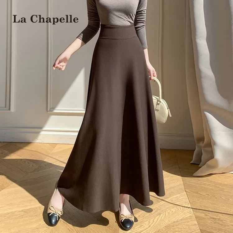 拉夏贝尔深咖色毛呢a字半身裙女秋冬款垂感长裙子显瘦遮肚子长裙