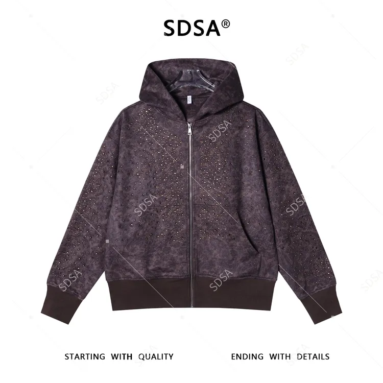 SDSA男士秋冬新款痞帅男装潮流印花烫钻拉链开衫连帽卫衣百搭宽松