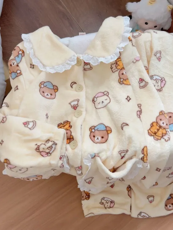 冬季娃娃领轻松熊睡衣女可爱卡通新款法兰绒加绒加厚少女家居服