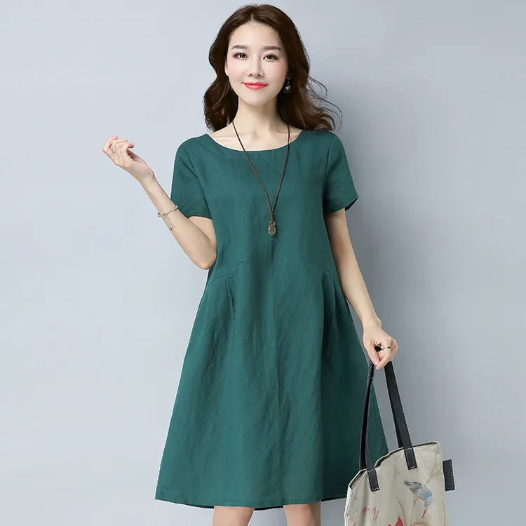 棉麻短袖连衣裙女2025夏季新款妈妈大码休闲气质宽松A字裙中长裙