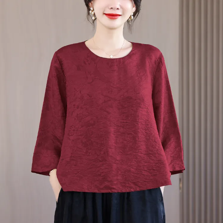  复古宽松新中式秋季百搭禅意上衣提花新中式圆领九分袖上衣女