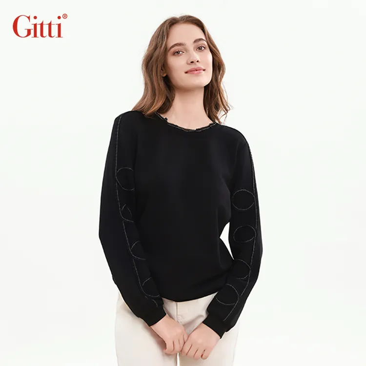 Gitti/吉蒂秋款荷叶领宽松大码T恤女针织显瘦圆领长袖上衣G255118