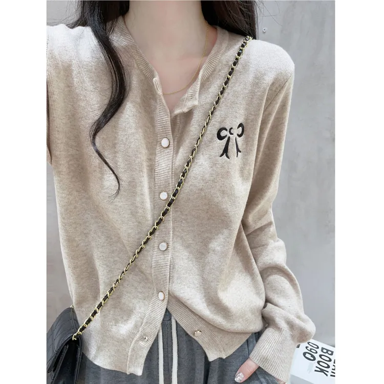 韩系针织毛衣开衫女2025秋季慵懒风蝴蝶结刺绣圆领长袖短外套上衣