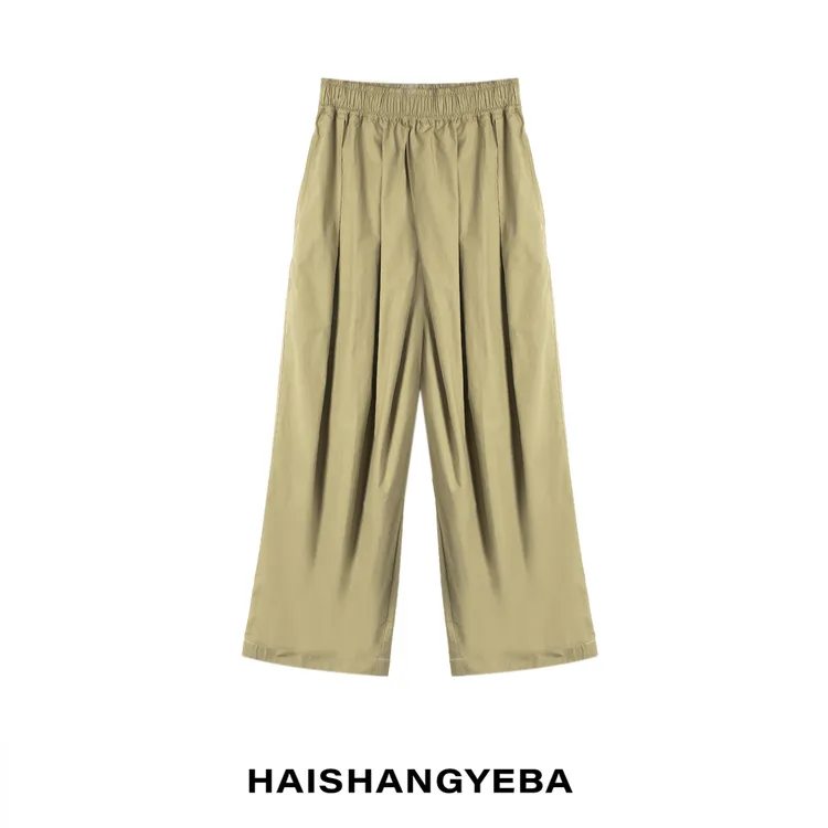 【海上叶爸】新款2025夏季百搭棉松紧腰宽松斜折阔腿休闲裤