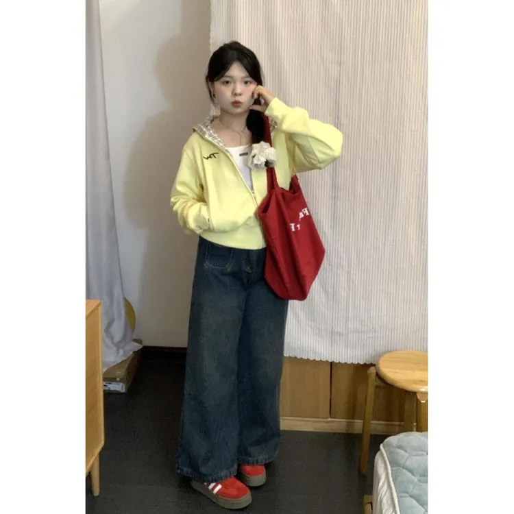 新款休闲慵懒风奶黄色格子拼接连帽开衫女春秋小个子百搭短款