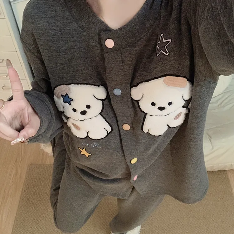 【带胸垫一体】加厚洋绒睡衣女款春秋冬季长袖可爱星星狗家居服套装