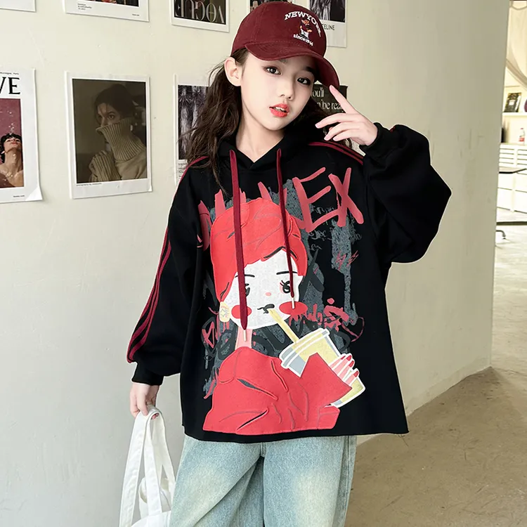 女童连帽卫衣2025春秋新款中大儿童韩版宽松卡通帽衫春装休闲上衣
