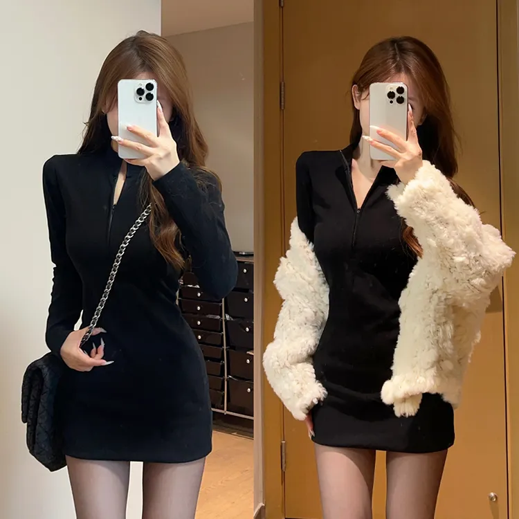 黑色修身包臀裙长袖裙子女春秋爆款2025新款显瘦连衣裙气质小黑裙