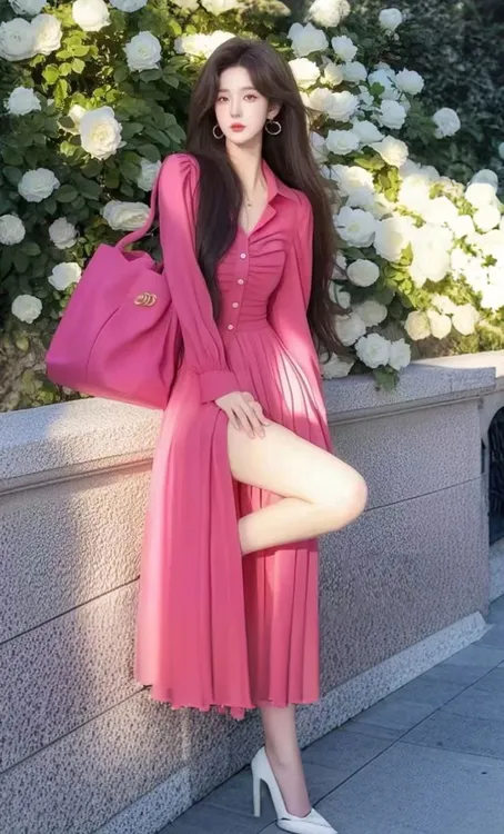L940红2025年新款法式轻奢高级感上流社会气质收腰玫红衬衫连衣裙