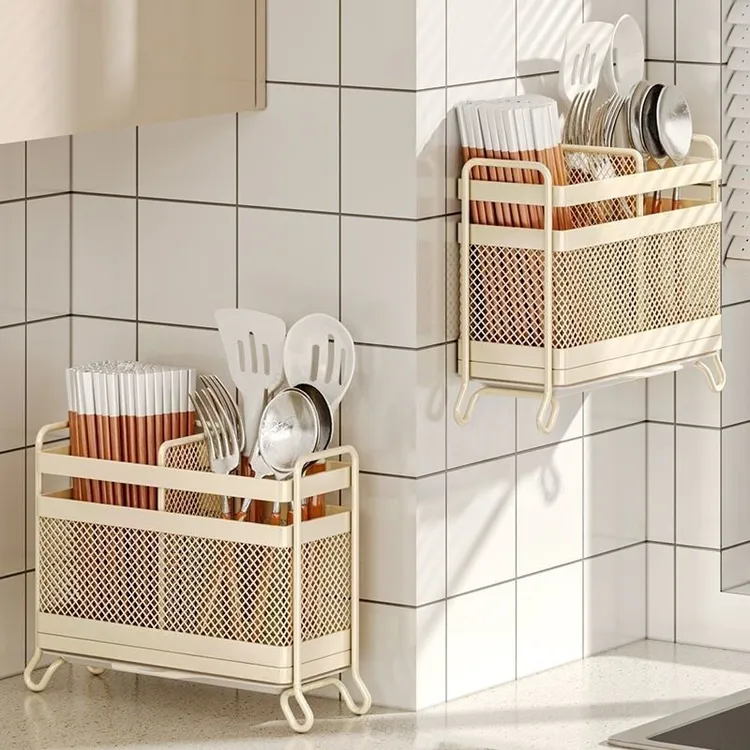 筷子收纳盒厨房置物架免安装一体壁挂式家用筷筒筷笼餐具沥水架LQ