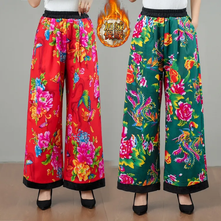 东北大花女士阔腿裤民族风加绒加厚棉裤休闲宽松夹棉保暖花裤子