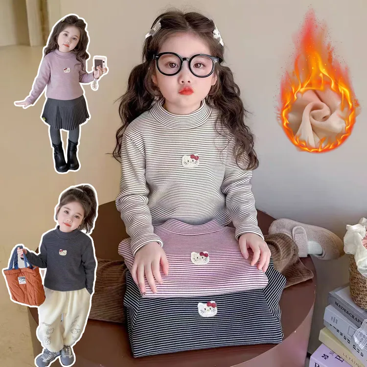 【小暖炉】2025新款女宝宝半高领保暖加绒加厚条纹打底衫