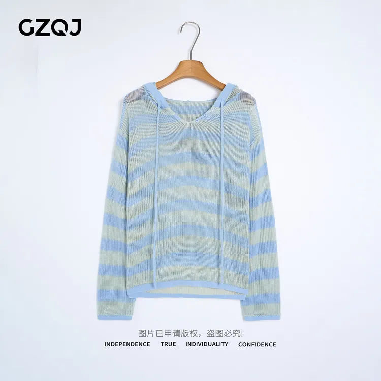 老琴私服【青空织浪】欧若风100莱赛尔条纹抽绳连帽针织衫女23254 