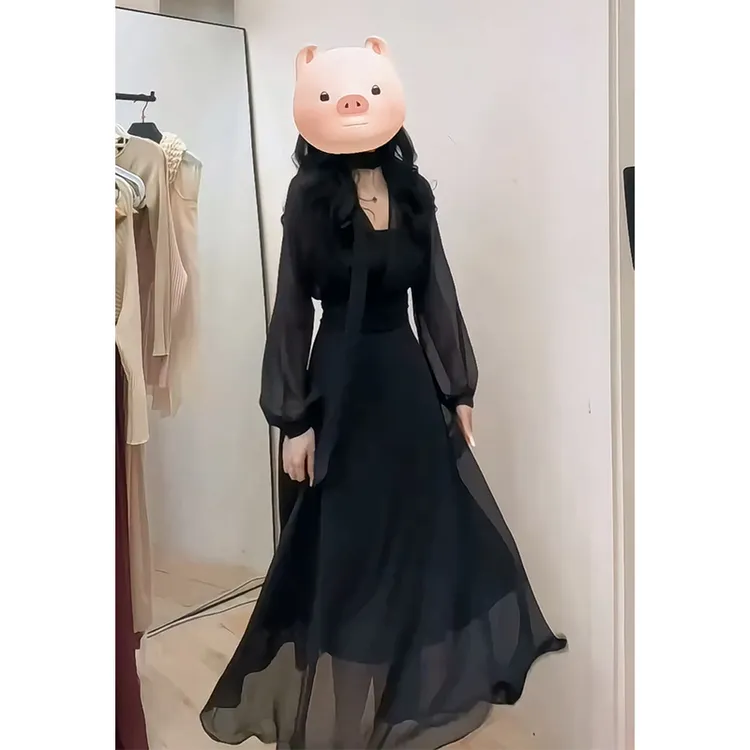 设计感V领连衣裙女2025夏季新款法式气质长袖收腰中长款网纱裙子