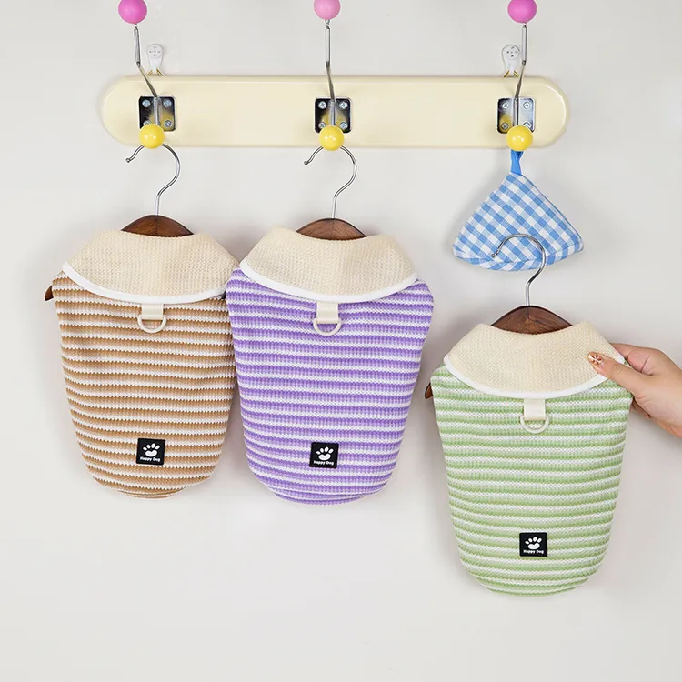 纯色爪印布贴翻领条纹T恤小型犬比熊泰迪春夏季薄款宠物狗狗衣服