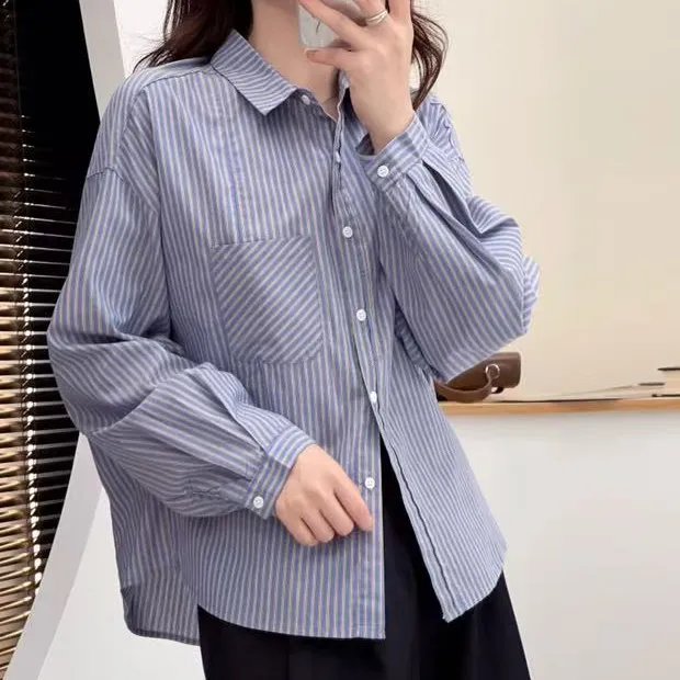 花汐 2025经典百搭条纹宽松显瘦纯棉气质春季长袖衬衫衬衣