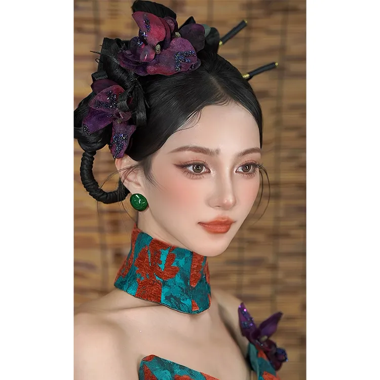 水舞U2293新中式紫色绒布蝴蝶兰仿真花朵新娘旗袍晨袍婚礼头饰