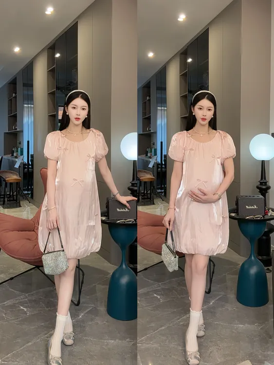 时尚孕妇夏季新品设计感宽松花苞裙甜美立体感蝴蝶结短袖孕妇裙