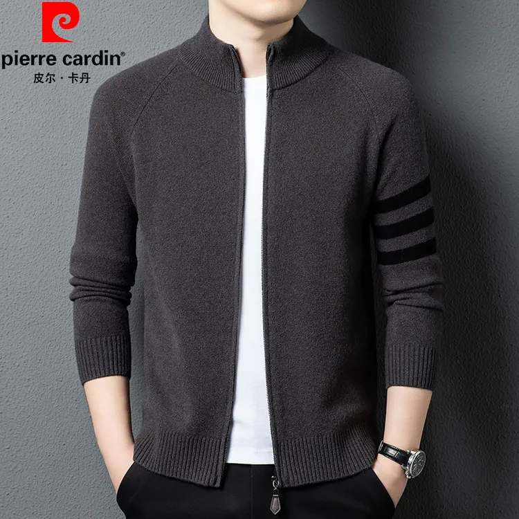 皮尔卡丹男士针织开衫外套冬季新款100%纯羊毛衫立领加厚保暖毛衣