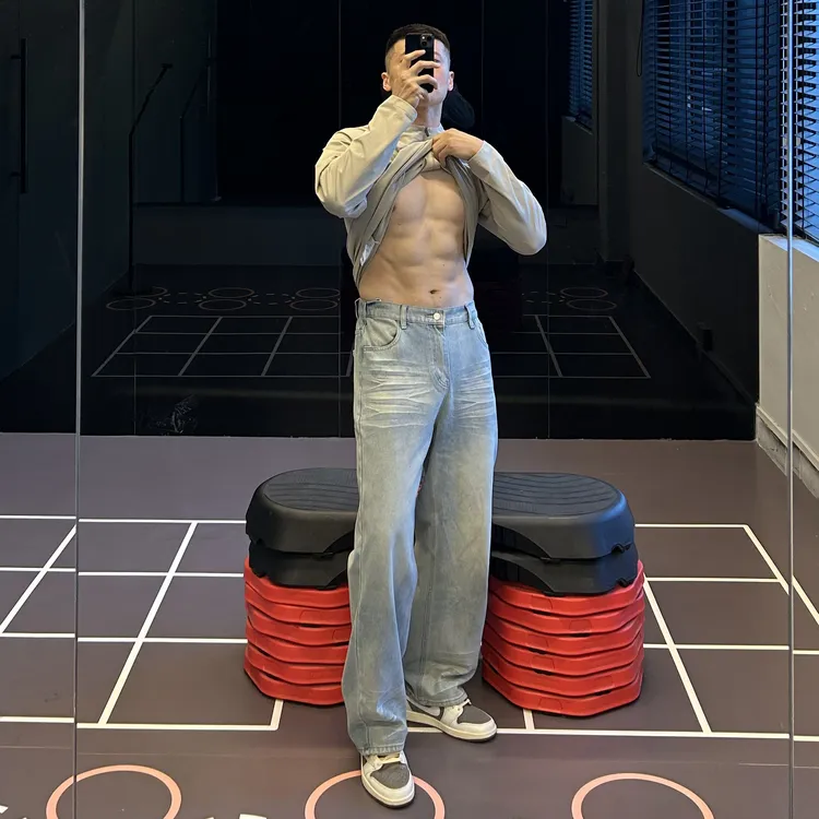 IRONTRAP猫须水洗美式休闲牛仔裤男士宽松直筒廓形百搭长裤秋冬季