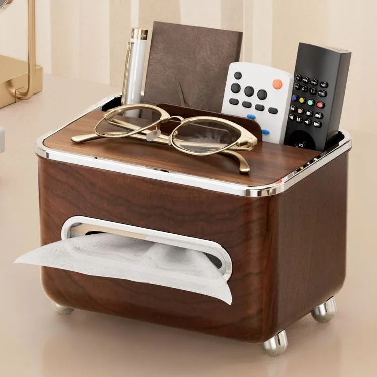 亿米佳仿木纹纸巾盒桌面家用中古风多功能卧室客厅遥控收纳抽纸盒