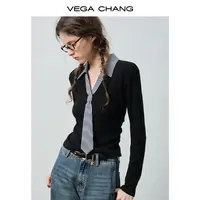 VEGACHANG【英伦风尚】长袖T恤女2025新款秋季复古格纹上衣0593XT