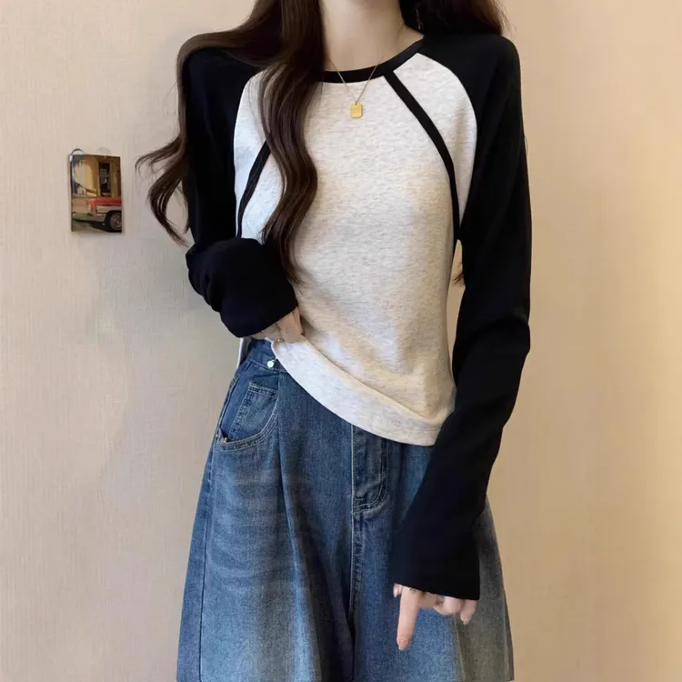 早秋冬季2024新款撞色插肩长袖纯棉T恤女内搭打底衫美式修身上衣