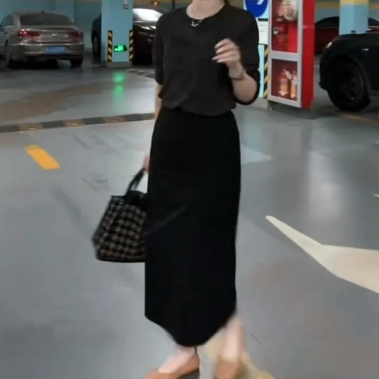 Y早秋黑色气质纯色套装裙女时尚洋气百搭