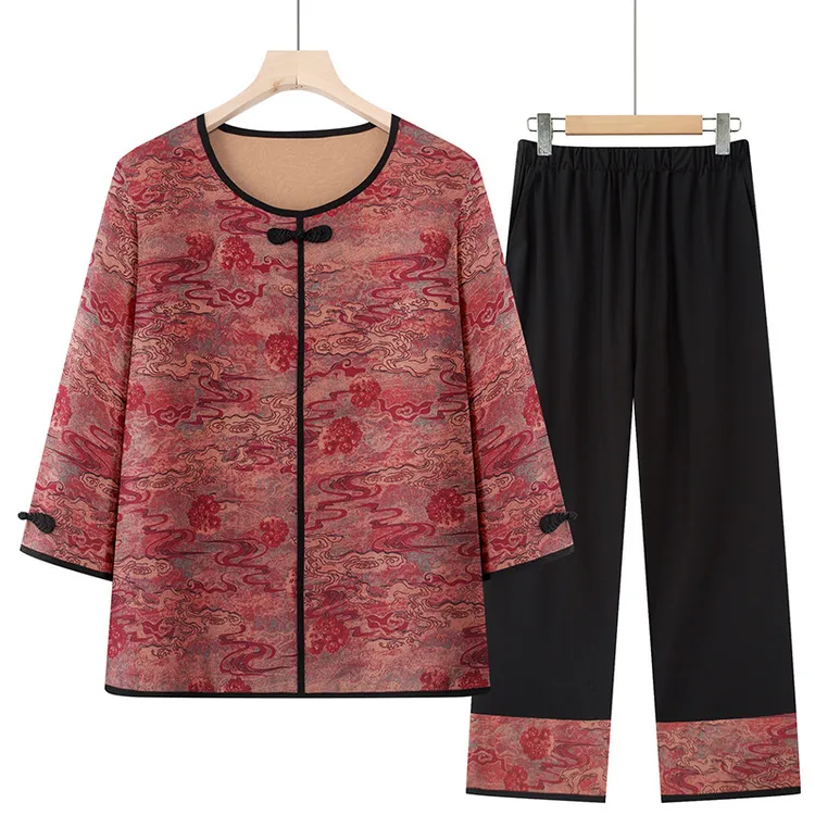 2025新款妈妈夏装套装洋气遮肚小衫中老年女薄款时尚休闲两件套薄