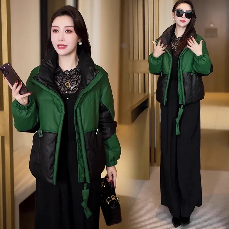 时尚短款羽绒棉服女冬季新款洋气撞色拼接加厚保暖面包服棉袄外套