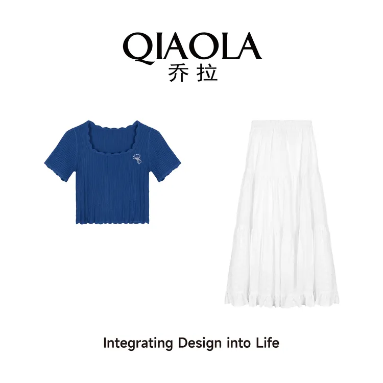 QIAOLA/乔拉【蓝湖薄雾】夏季针织花边方领提花A版上衣套装