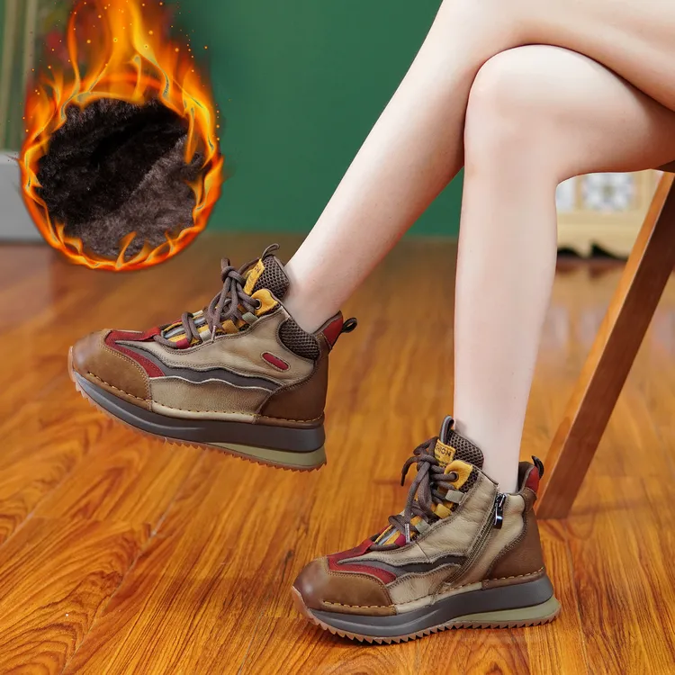 85828-3真皮拼色复古厚底加绒保暖棉靴超软旅行登山休闲高帮单鞋