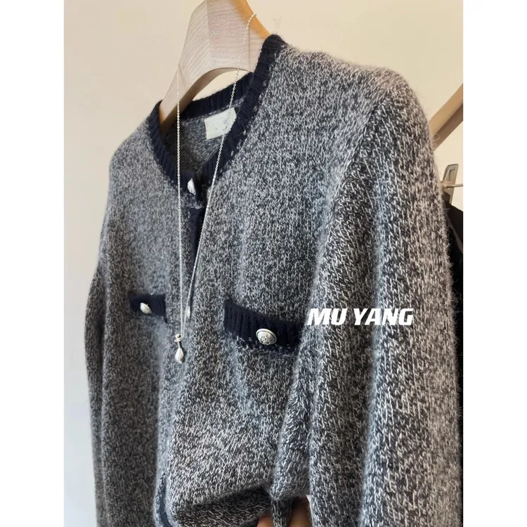 杂色灰浣熊小香风」宝藏百搭款！圆领厚款显瘦针织开衫女上衣