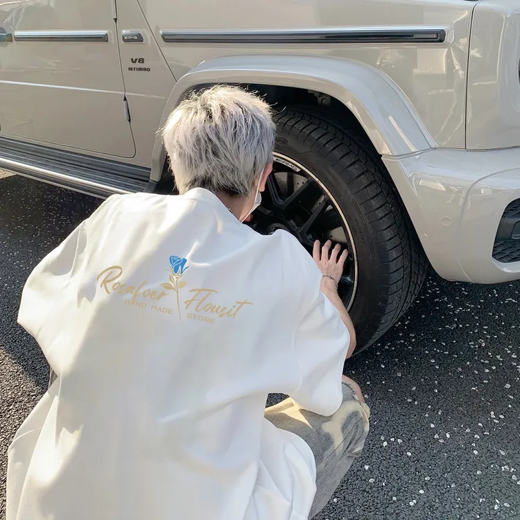 潮牌痞帅炸街t恤男生高级感夏季纯棉玫瑰短袖美式高街小众五分袖